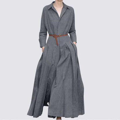 Vestido largo informal elegante de manga larga con solapa en color liso para mujer