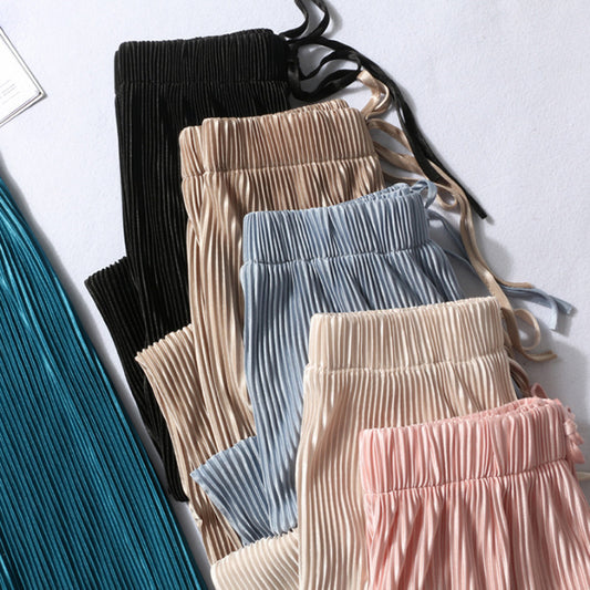 Pantalones anchos de gasa plisados de color liso informales para mujer