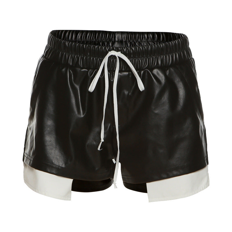 Women Contrast Color Imitation Leather Lace High Waist Hip Tight Casual Shorts