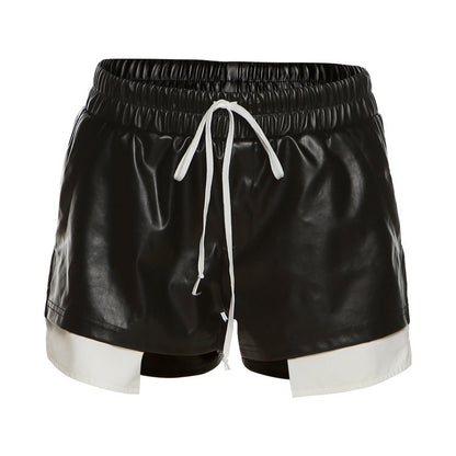 Women Contrast Color Imitation Leather Lace High Waist Hip Tight Casual Shorts