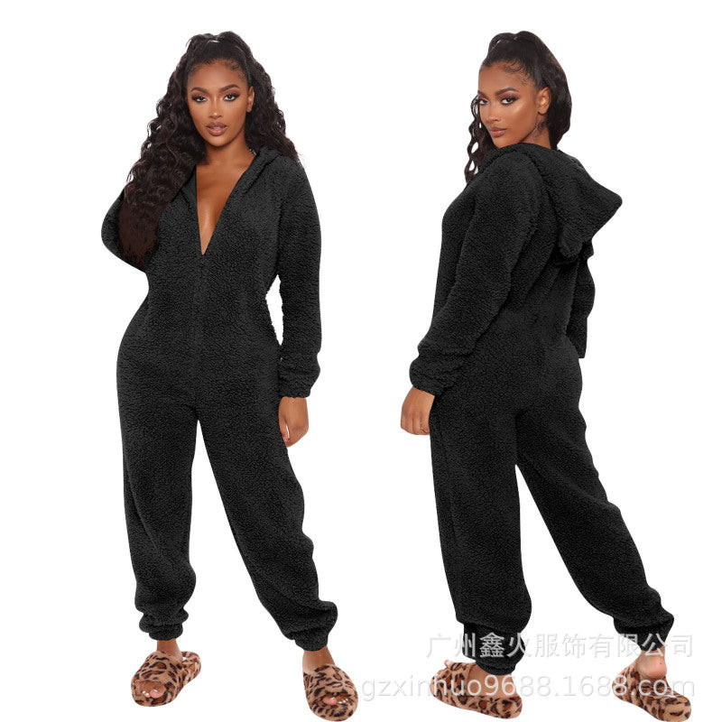 Women Long Sleeve Hooded Plush Casual Jumpsuits Pajamas