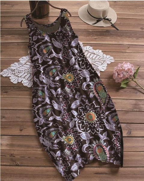 Vestido informal sin mangas con cuello redondo y estampado de plantas para mujer