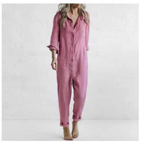 Women Casual Cotton Solid Color Lapel Pocket Long Sleeve Jumpsuit