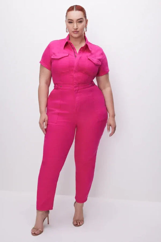 Plus Size Office Fashion Casual Women Solid Color Slim Fit Short Sleeve Lapel Jumpsuits