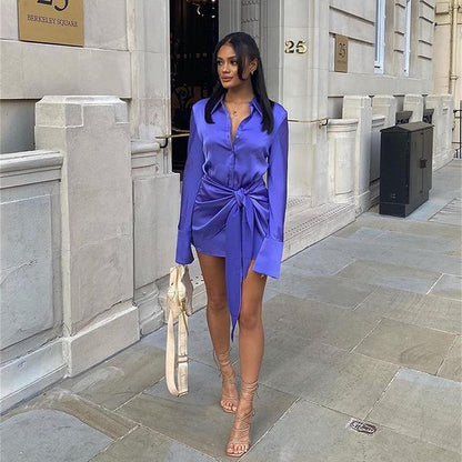 Women Fashion Casual Solid Color Lapel Deep-V Lace Up Long-Sleeve Single-Breasted Dress