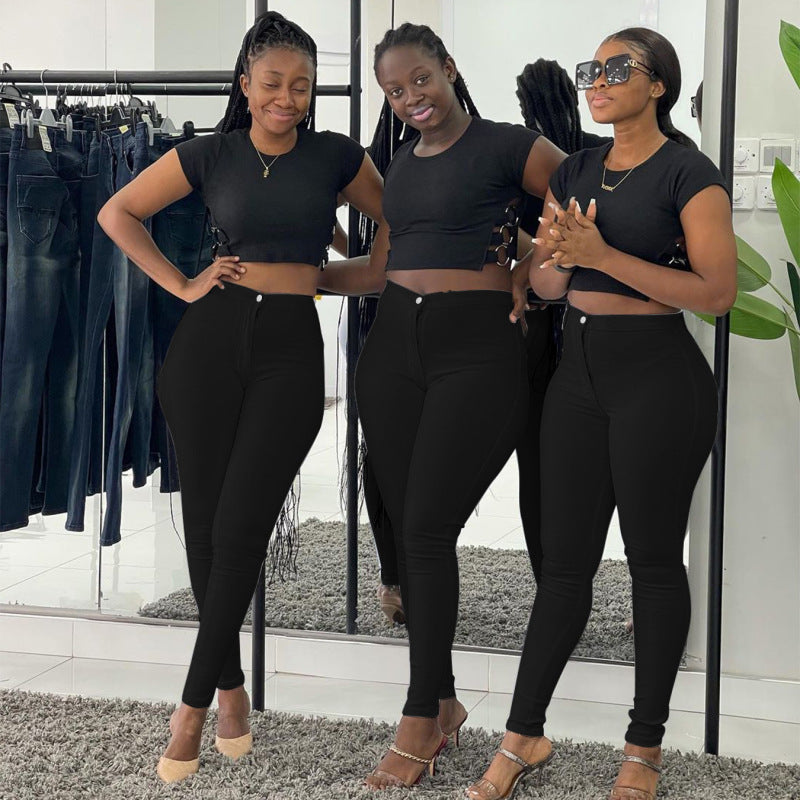 Women Solid Color Casual Tight High Waist High Elastic Skinny Jeans