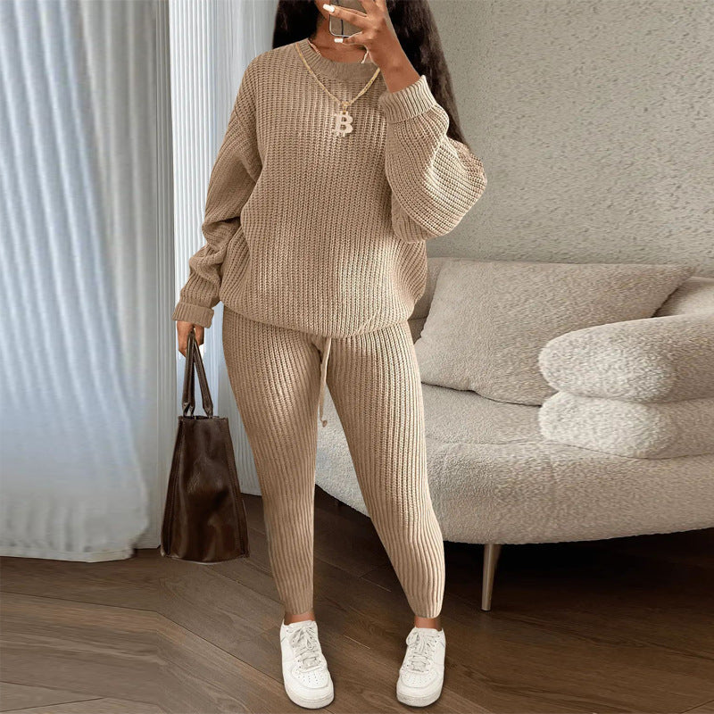 Fashion Casual Women Solid Color Knitted Long Sleeve Sweater And Pants Set