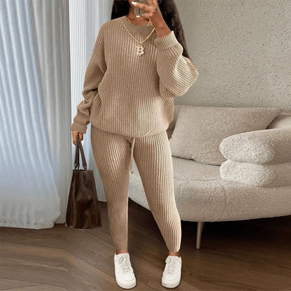 Fashion Casual Women Solid Color Knitted Long Sleeve Sweater And Pants Set