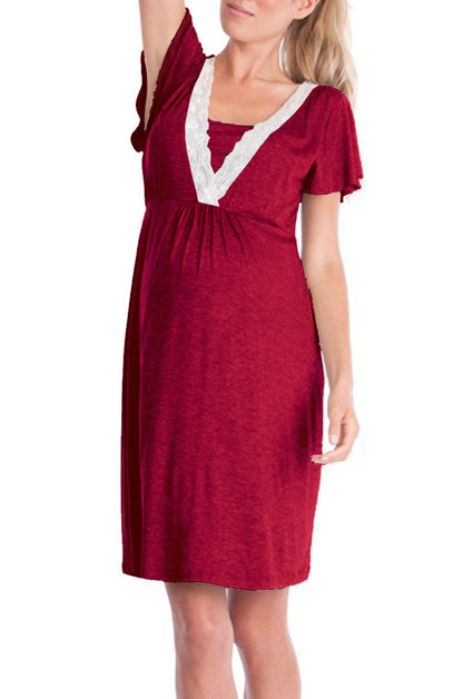 Vestido de lactancia de manga corta con encaje y escote en V profundo informal para embarazadas