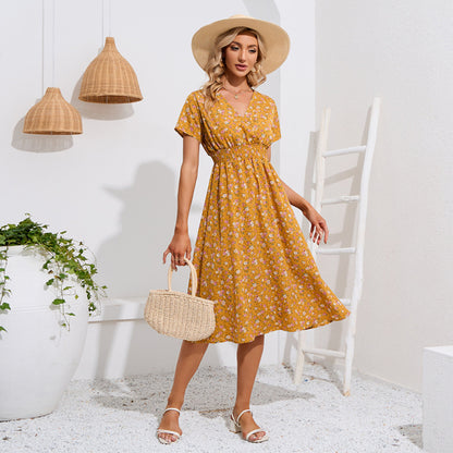 Women Casual Chiffon V-Neck Floral Printing Drawstring Waist Short Sleeve Dress