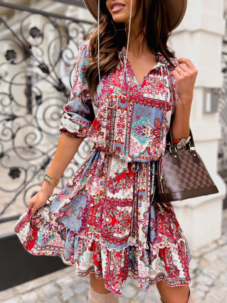 Fashion Casual Women Floral Paisley Printed Long-Sleeved Ruffled Dress