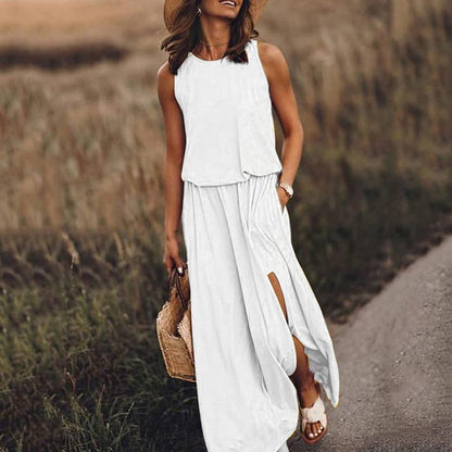 Summer Women Casual Basic Round Neck Sleeveless Side-slit Solid Color Long Dress