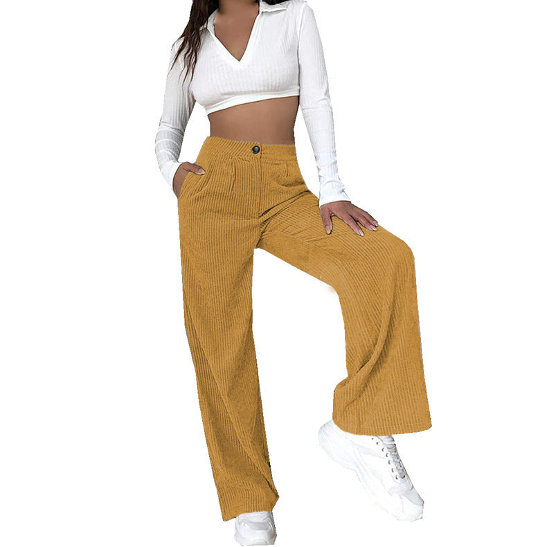 Women Solid Color Button High Waist Casual Loose Wide Leg Pants