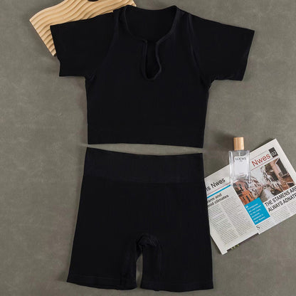Women Fashion Casual Solid Color Sports Yoga Short Sleeve Top Shorts Set