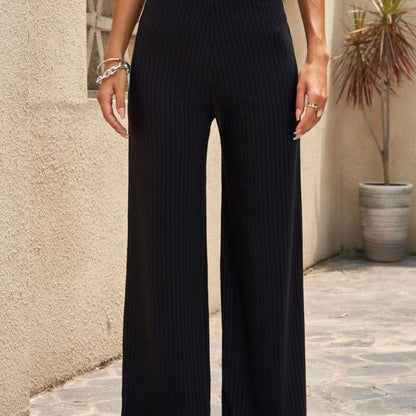 Pantalones anchos casuales elásticos de color liso para mujer