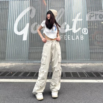 Pantalones anchos multibolsillos holgados informales de moda para mujer