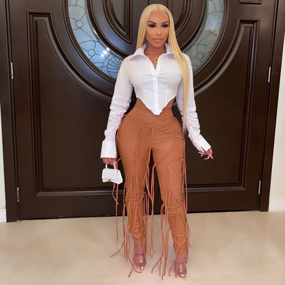 Women Fashion Casual Pu Leather Tassel Strap Women Solid Color Pants