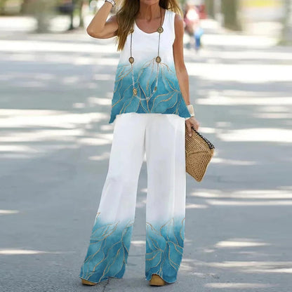 Conjunto de dos piezas de blusa sin mangas con estampado floral informal de verano para mujer, pantalones de cintura alta