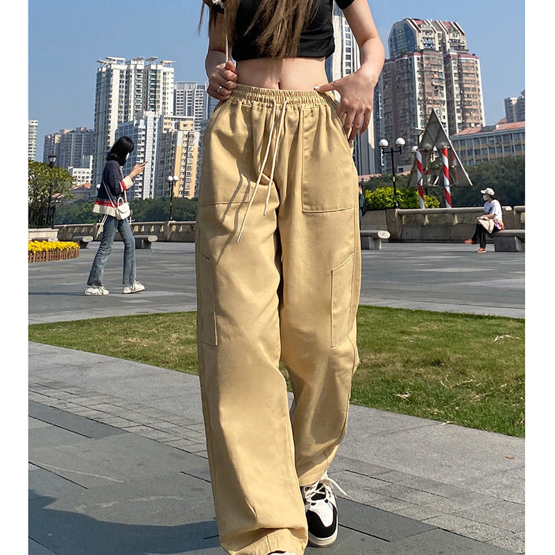 Women Fashion Casual Loose Elastic High Waist Straight Leg Cargo Pants