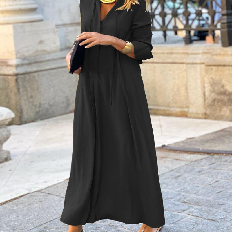 Women Solid Color Lapel Long Sleeve Loose Casual Long Dress