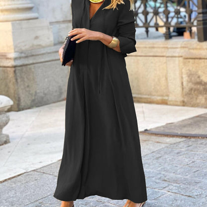 Women Solid Color Lapel Long Sleeve Loose Casual Long Dress