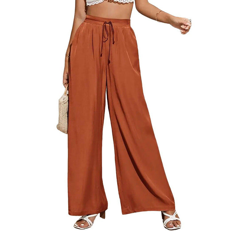 Women High Waist Casual Trousers Solid Color Elastic Waist Tie Loose Wide Leg Pants