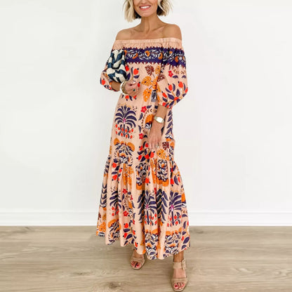 Bohemian Women Casual Printed Off-Shoulder Loose Maxi Dress