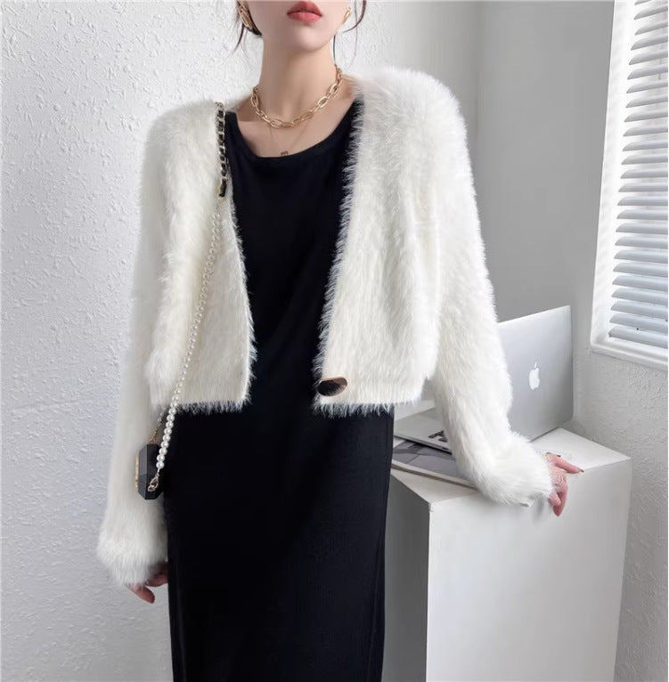 Chaqueta cárdigan de punto de felpa informal de moda para mujer de otoño e invierno