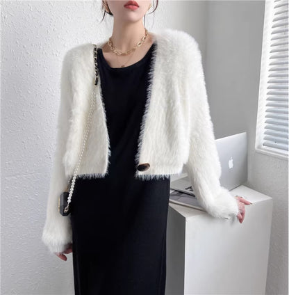 Chaqueta cárdigan de punto de felpa informal de moda para mujer de otoño e invierno