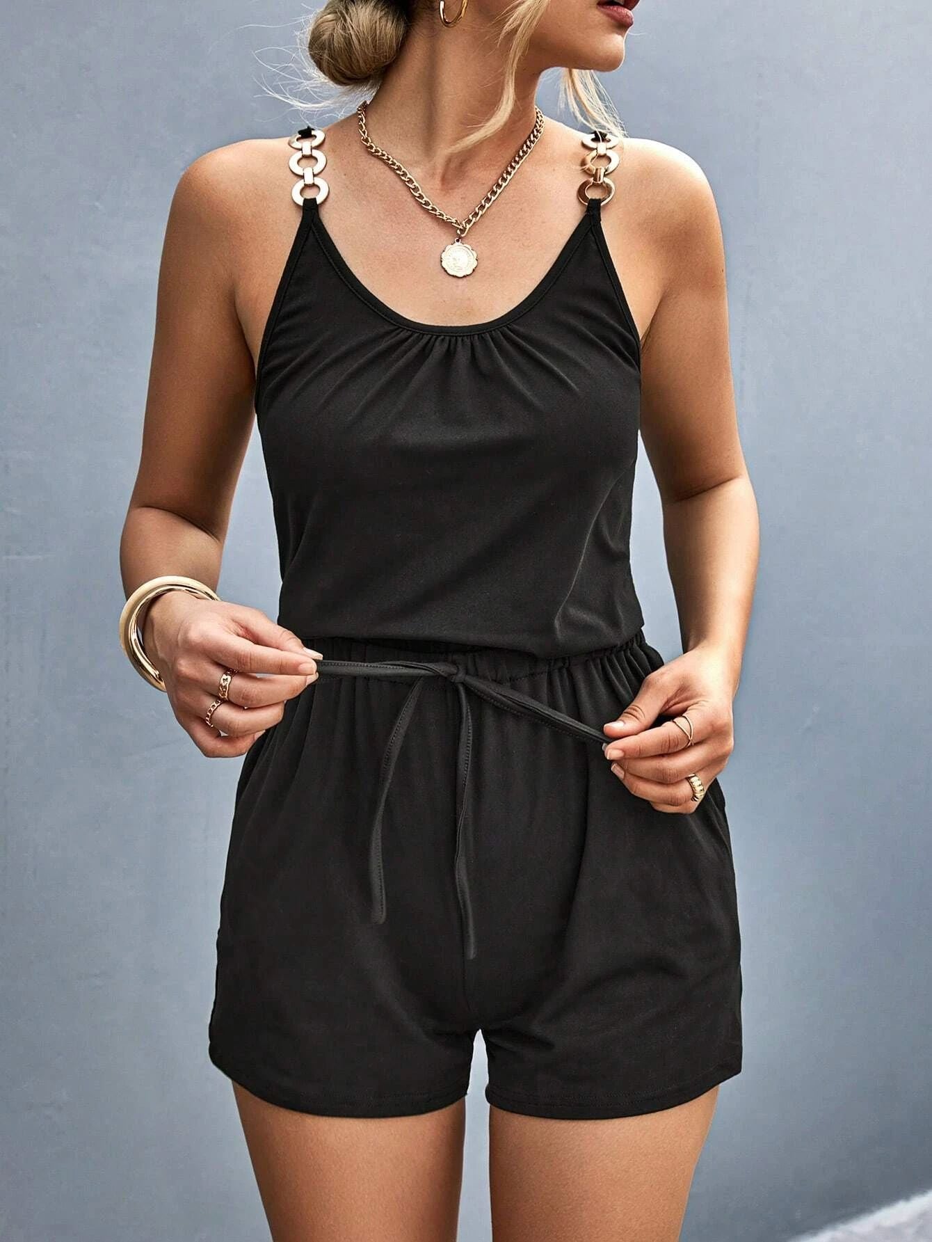 Women Casual Summer Basic Metal Chain Strap Pocket Solid Rompers