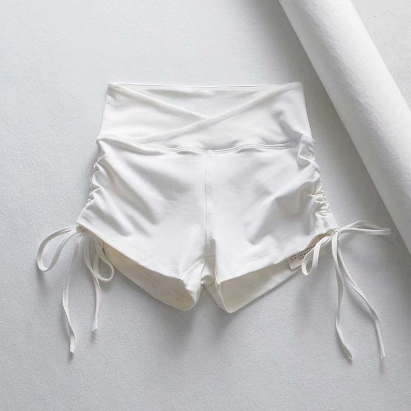 Women Solid Pleated Drawstring High Waist Casual Sports Shorts