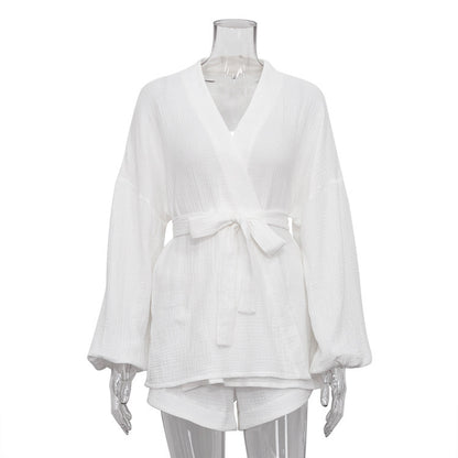 Conjunto de dos piezas para mujer: top blanco con cordones y pantalones cortos casuales de cintura alta