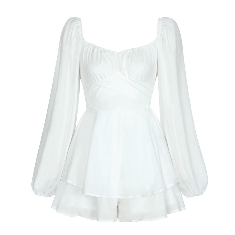 Women'S Casual Solid Color Square Collar Lantern Long Sleeve Ruffled Rompers