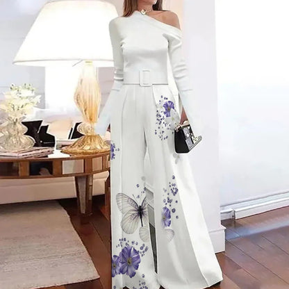 Women Printed Diagonal Neck Long Sleeve Off Shoulder Casual One Piece Wide Leg Jumpsuit