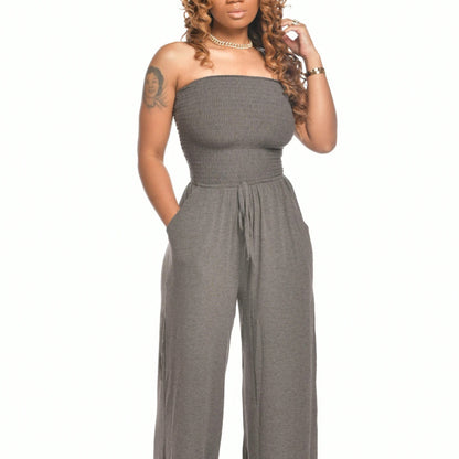 Women Casual Flat Shoulder Wrap Chest Wide Leg Jumpsuit