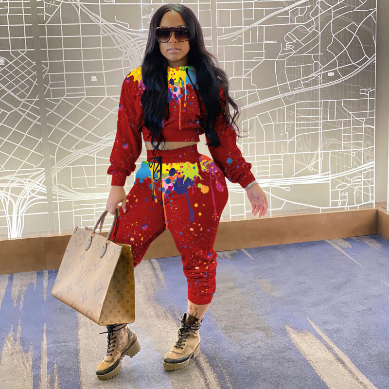 Conjunto informal holgado de dos piezas con capucha y estampado de tinta para mujer, manga larga, bolero y cintura alta