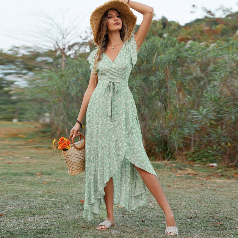 Spring And Summer Women'S Casual Middle Waist Short Sleeve V-Neck Drawstring Waist Tiny Flower Printing Bohemian Vacation Irregular Ruffled Dress