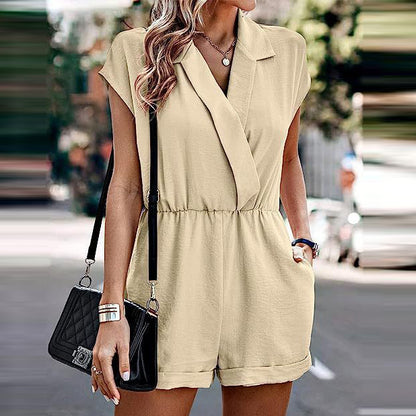 Women Fashion Casual Solid Color V-Neck Short Sleeve Rompers