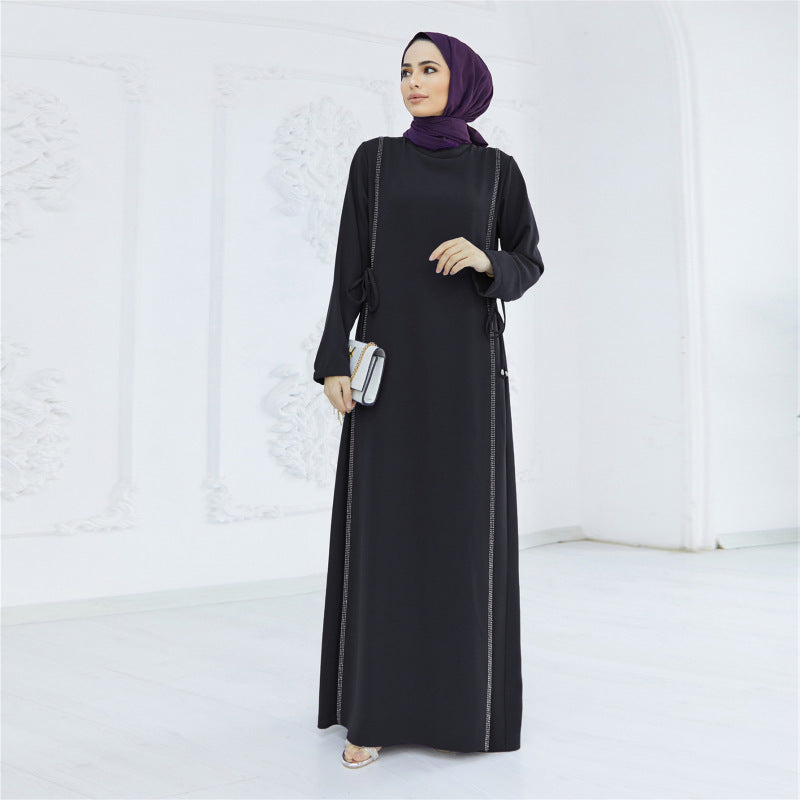 Women Casual Solid Color Rhinestone Abaya Long Sleeve Maxi Dress
