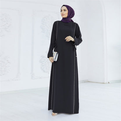 Women Casual Solid Color Rhinestone Abaya Long Sleeve Maxi Dress