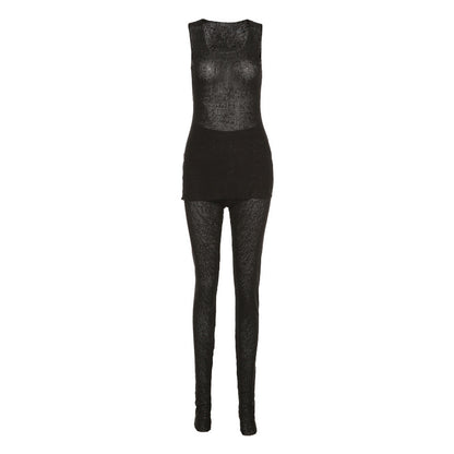 Conjunto informal de camiseta sin mangas con abertura y pantalones ajustados transparentes para mujer