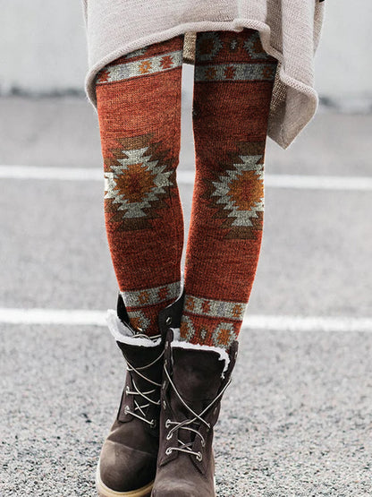 Women Printed Knit Slim High Waist Casual Leggings Pants