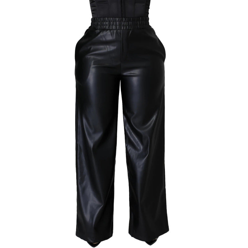 Women PU Leather High Waist Casual Elastic Wide Leg Pants
