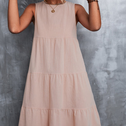 Women Spring And Summer Casual Basic Round Neck Loose Big Swing Dress