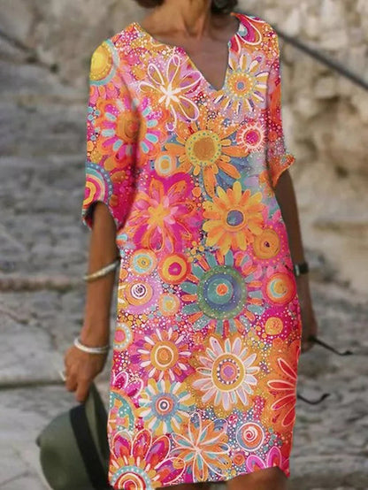 Vestido informal de manga corta con cuello en V y estampado de flores multicolor para mujer