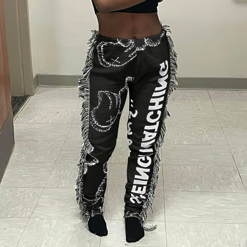 Women Casual Fashion Multicolor Pattern Letter Print Tassel Pants
