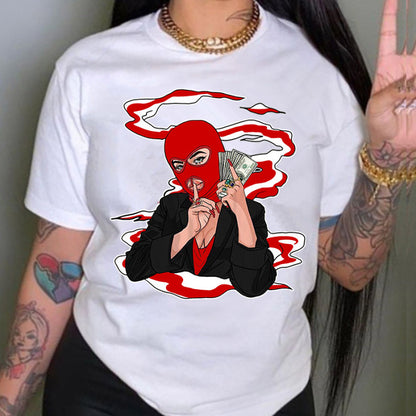 Camiseta informal holgada de talla grande para mujer, cuello redondo, manga corta, capucha, estampado gráfico "Toma dinero" para hombre