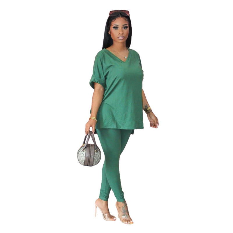Conjunto de dos piezas para mujer, cuello en V, color liso, holgado, informal, de manga corta, top y pantalón