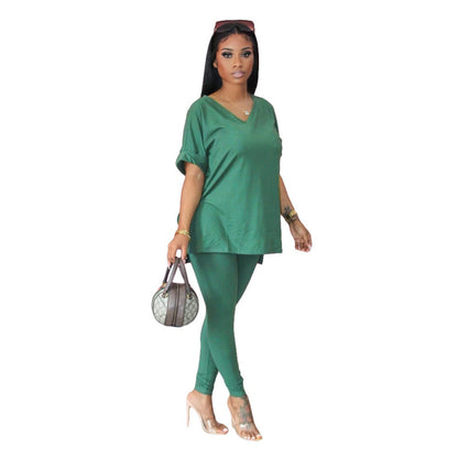 Conjunto de dos piezas para mujer, cuello en V, color liso, holgado, informal, de manga corta, top y pantalón