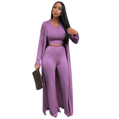 Conjunto casual de tres piezas con top y pantalón de color liso para mujer